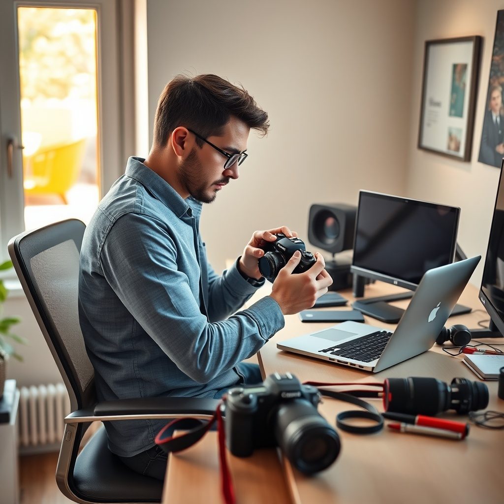 Fotógrafo cuidando de sua câmera.